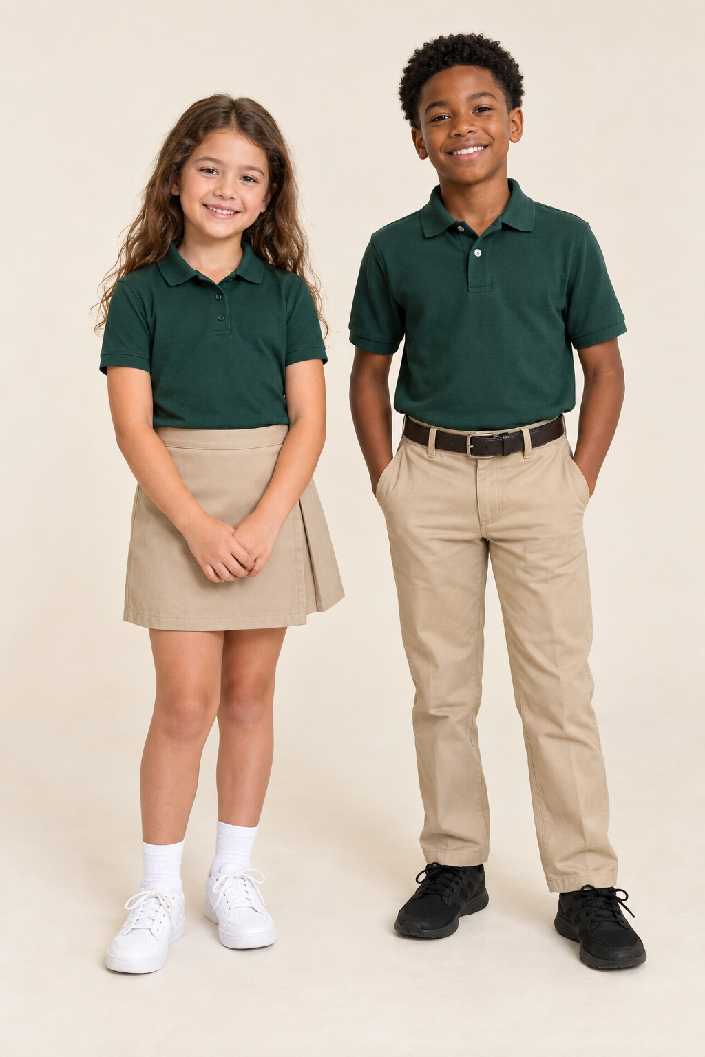 Two children modeling casual uniforms: hunter green polo shirts with khaki bottoms and lace-up sneakers