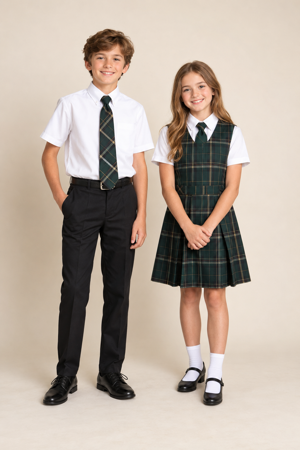 Two children modeling Wednesday full dress: white Oxford shirts, plaid ties, black pants or plaid jumper, and dress shoes