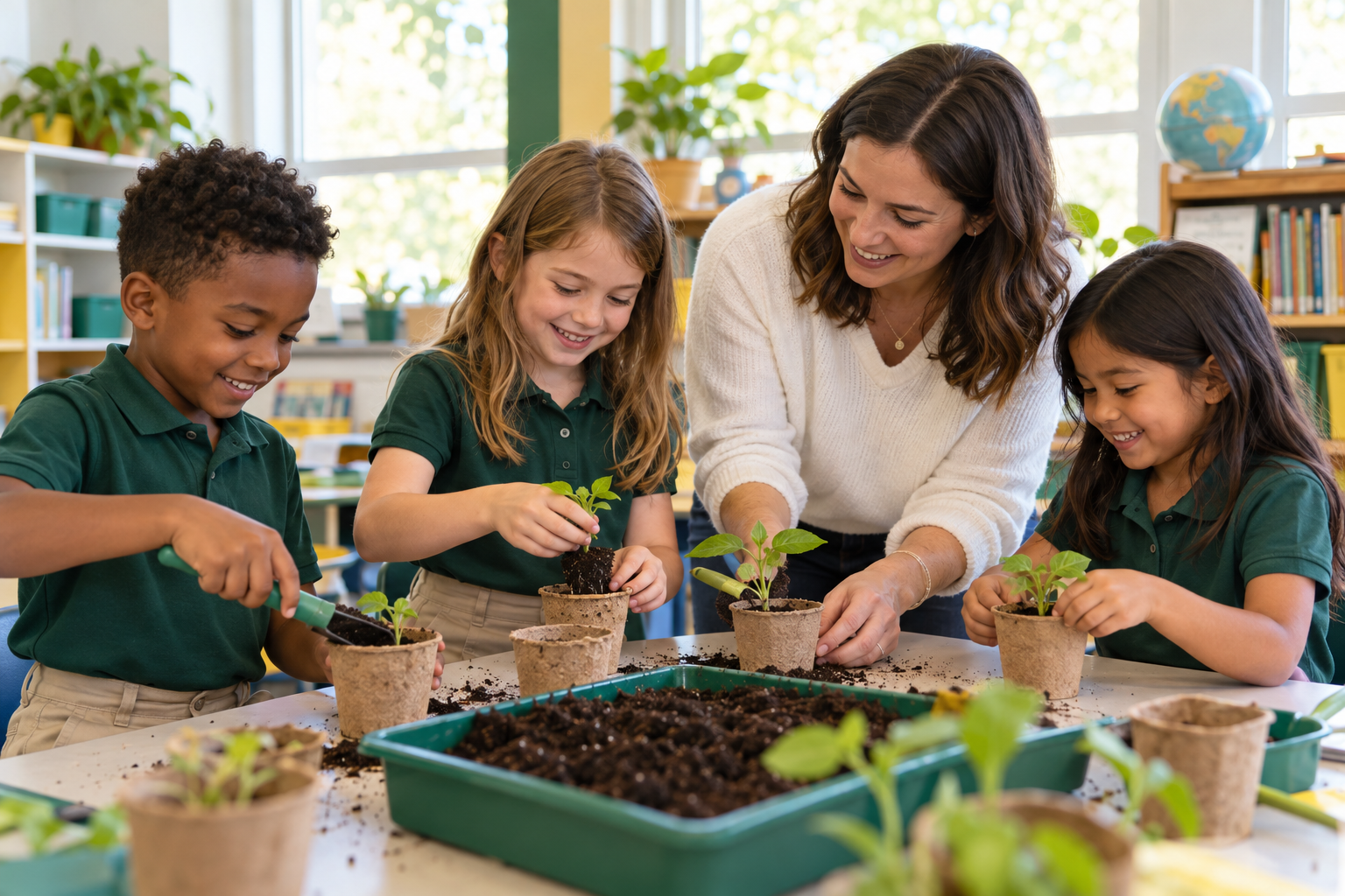 Children in green school uniforms working with an adult volunteer on a classroom planting project